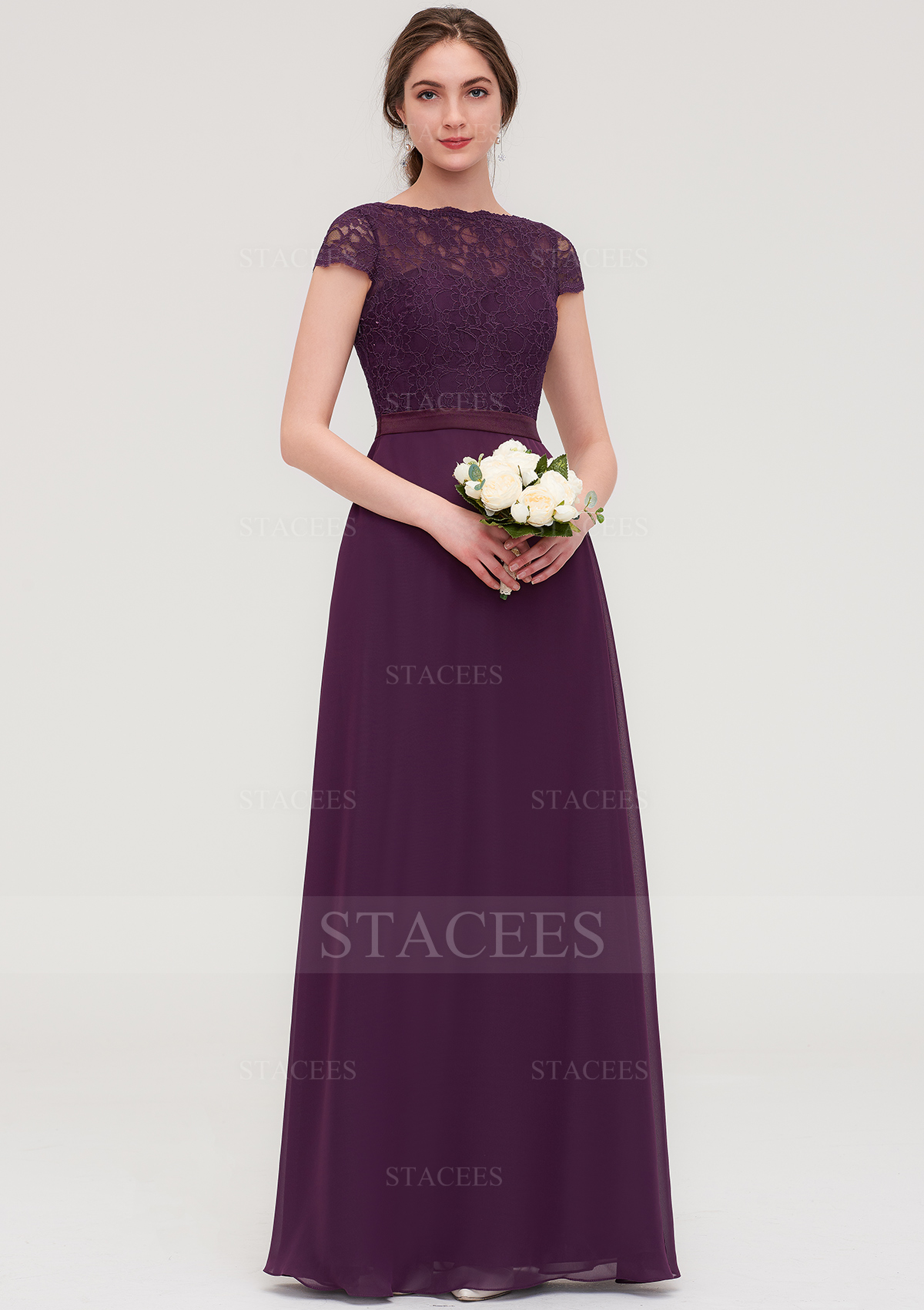 Trapèze bateau mousseline ras du sol robe de demoiselle d'honneur raisin 