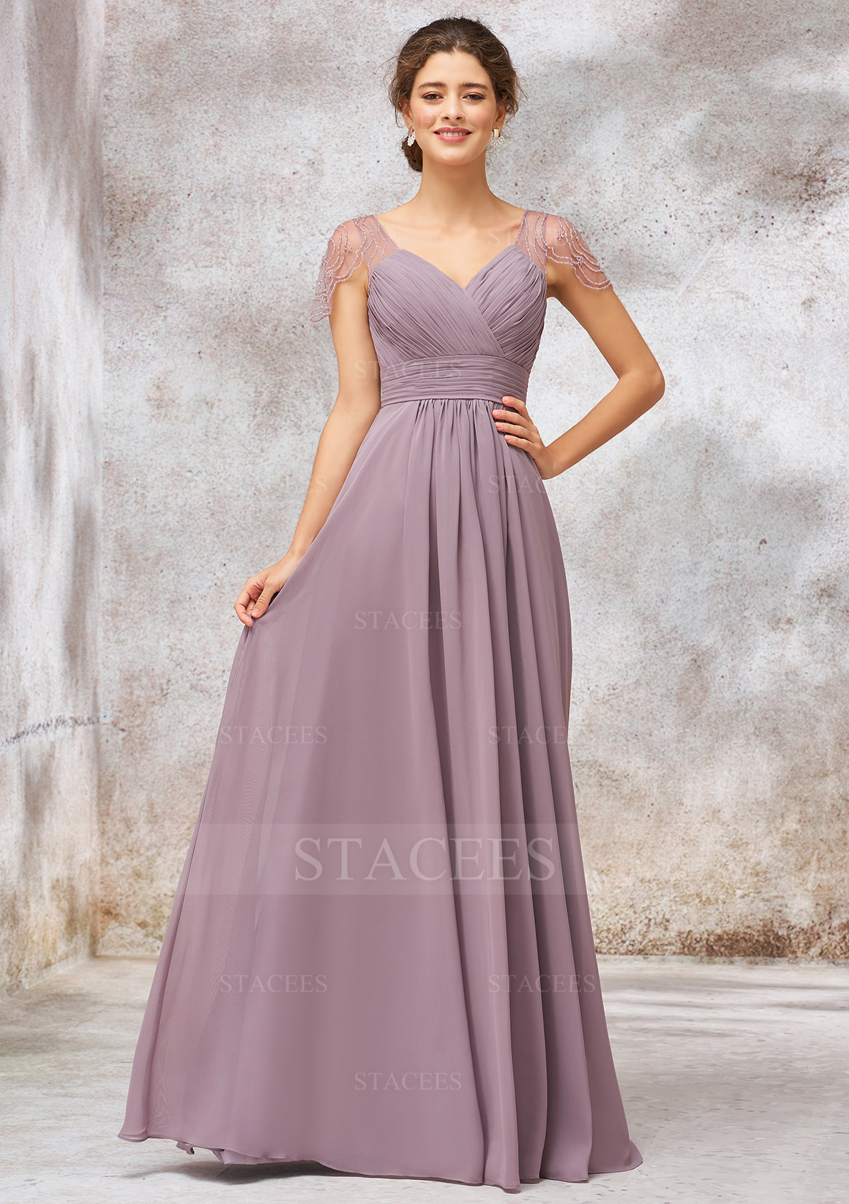 Chiffon Bridesmaid Dress A-line/Princess Long/Floor-Length V Neck With Pleated Beading