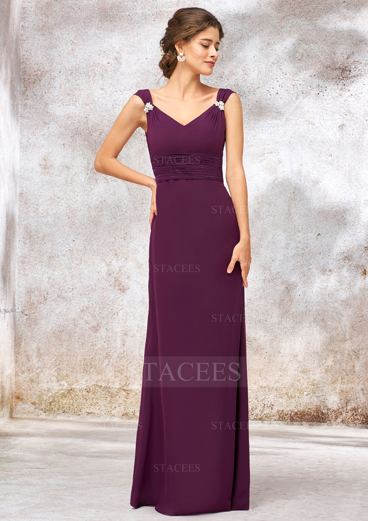 V Neck Sleeveless Long/Floor-Length Sheath/Column Chiffon Bridesmaid Dress  With Sashes Pleated Beading - Bridesmaid Dresses - Stacees