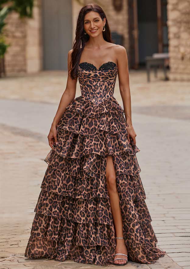 white christmas dresses Haruna Ruched Asymmetric Corset Gown in Leopard Print main image 0