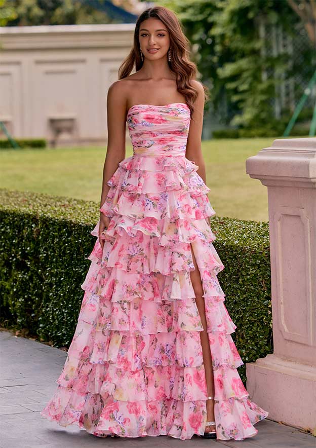 A-line Ruched Chiffon Floral Print Strapless Ruffle Prom Dress with Slit S9010P - Prom Dresses - Stacees A-line Ruched Chiffon Floral Print Strapless Ruffle Prom Dress with Slit S9010P - Prom Dresses - Stacees
