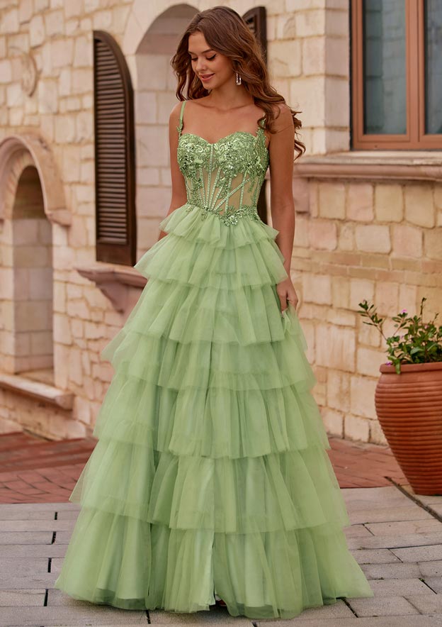 A-line Tiered Ruffle Tulle Slit Prom Dress with Illusion Embroidered Corset A-line Tiered Ruffle Tulle Slit Prom Dress with Illusion Embroidered Corset
