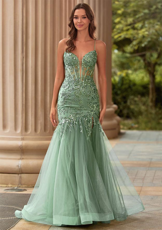 chinese dress ladies Long High Neck Tulle Mermaid Tulle Prom Dress with Lace Appliques main image 1