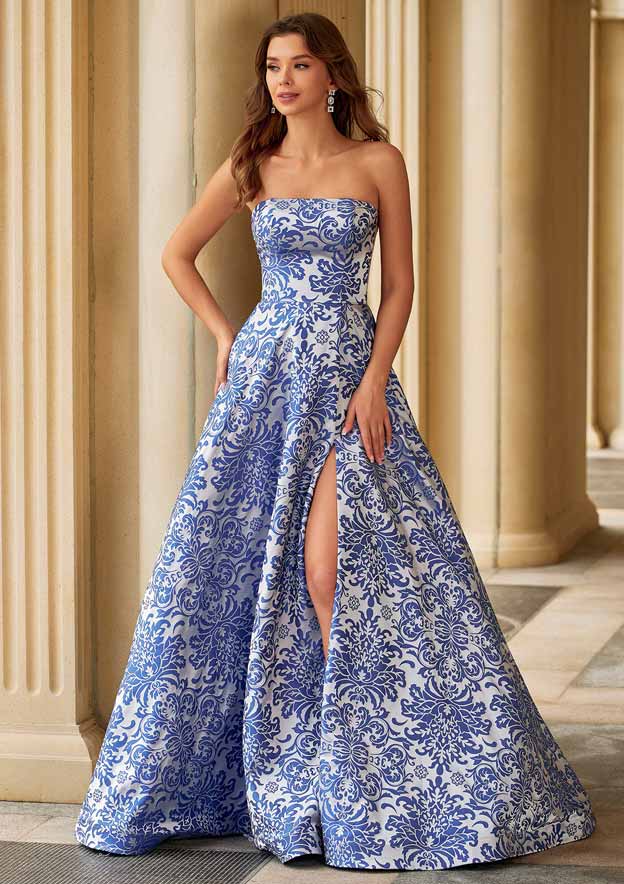 A-line Strapless Damask Jacquard Prom Dress with Slit S9059P