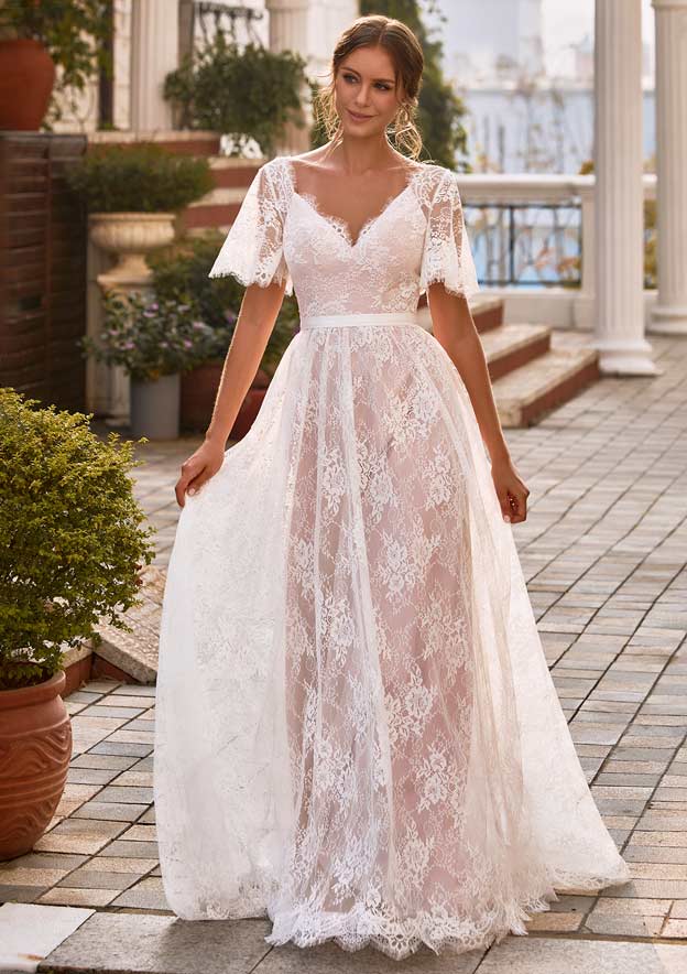 Chic A-line V Neck Lace Short Sleeves Wedding Dress with Waistband