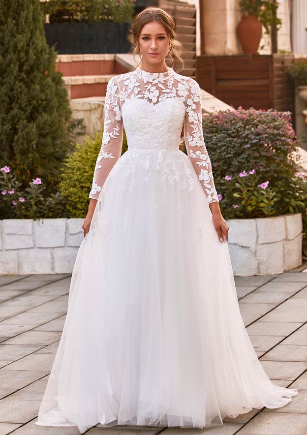 A-line High-Neck Tulle Court Train Wedding Dress with Lace Sequins S3171W -  Wedding Dresses - Stacees