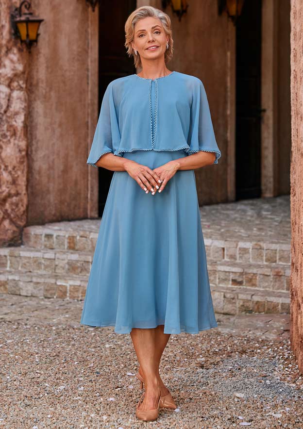 mother of the groom a line dresses Stacees Tea-Length Chiffon Mother of the Groom Dress with Cape Beaded Neckline