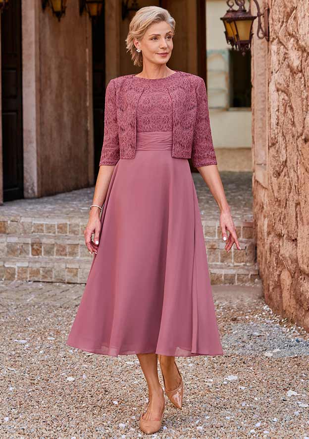 pink lace dress and jacket Jacket Pink Lace Mother Of The Bride Dress A-line Tea-Length Chiffon Mother Of The