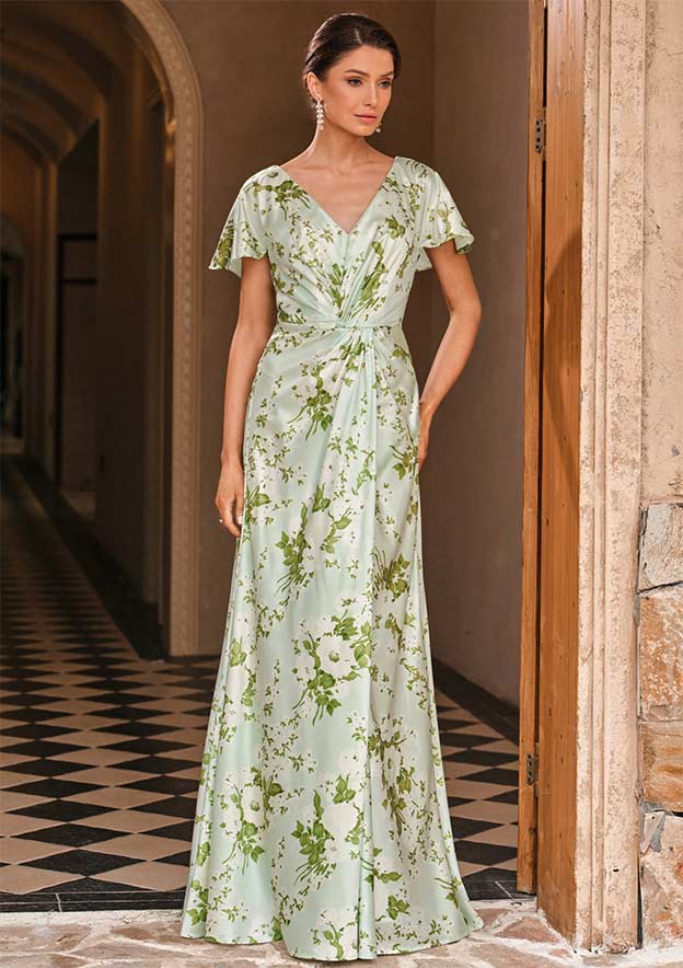 formal printed dress patterns A-line Floral Print Stretch Satin Mother of the Bride Dress with Flutter  Sleeves Pleats S5012M - Mother of the Bride Dresses