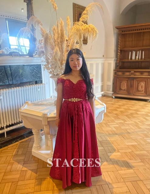 Sleeveless Off-the-Shoulder Sweep Train Ball Gown Satin Prom Dress With  Appliqued Beading - Prom Dresses - Stacees