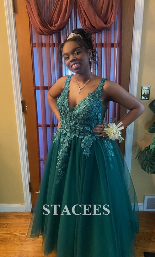 Princess A-line V Neck Sleeveless Sweep Train Tulle Prom Dress With  Appliqued Beading - Prom Dresses - Stacees
