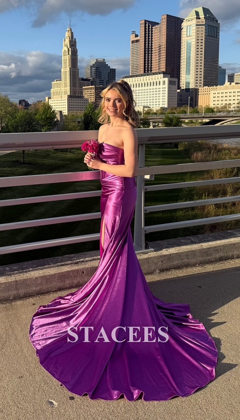 strapless cutout sweetheart corset fitted ruched prom dress with slit Mermaid Sweetheart Blue Beaded Ruched Long Prom Dress with Slit, Blue / 0 main image 1