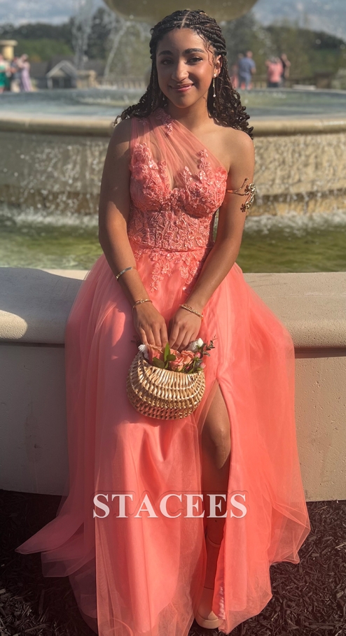 A-line One-Shoulder Sequins Sheer Corset Slit Prom Dress
