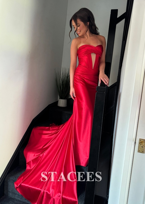 Strapless Cutout Sweetheart Corset Fitted Ruched Prom Dress with Slit  S7775PM - Prom Dresses - Stacees