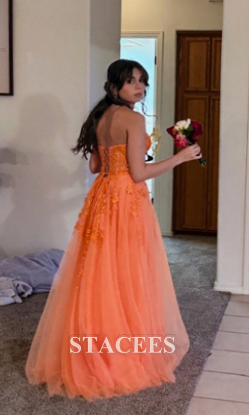 A-line Strapless Corset Tulle Floor-Length Prom Dress with