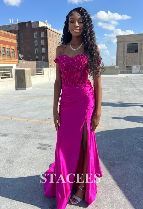 Mermaid Off-the-Shoulder 3D Floral Applique Sheer Corset Prom