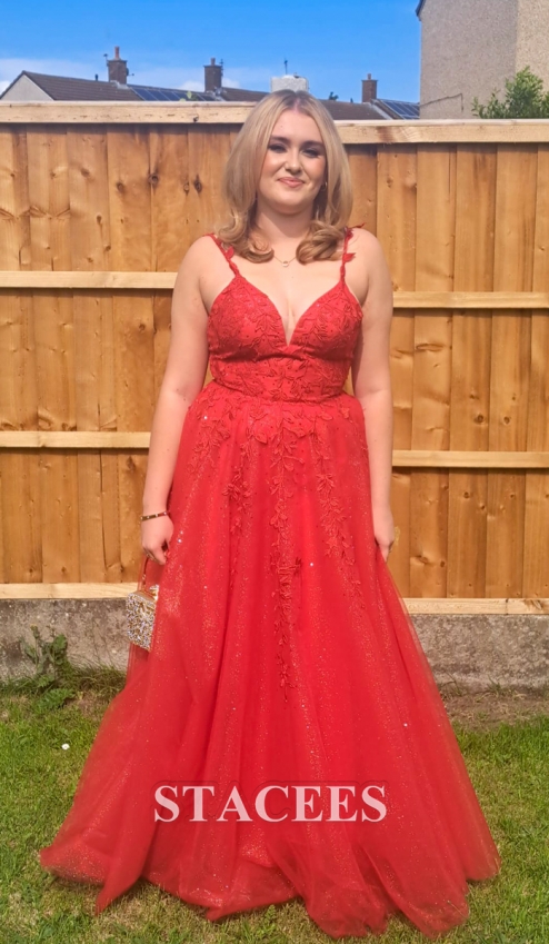 A-line Princess V Neck Sleeveless Sweep Train Tulle Prom Dress with  Appliqued Glitter S7863P - Prom Dresses