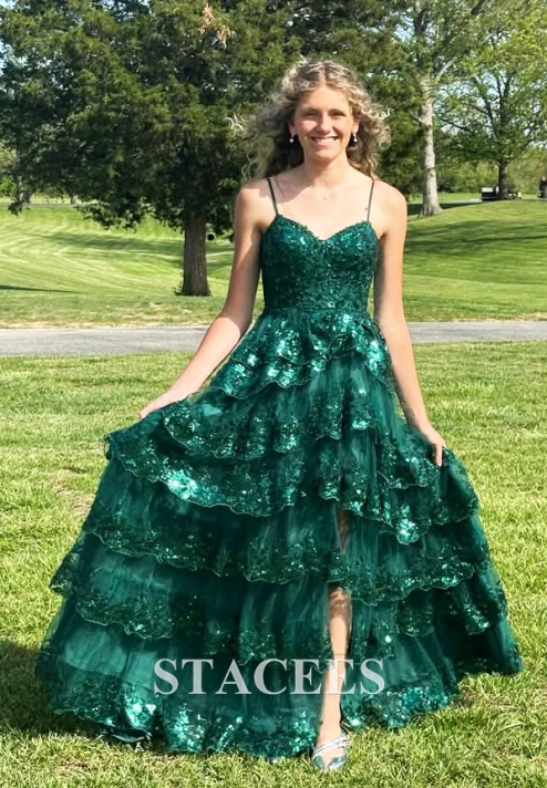 A-line Corset Tiered Ruffle Slit Sweep Train Prom Dress with Appliqued  Sequins S8256P - Prom Dresses - Stacees