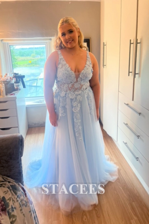 Princess A-line V Neck Sleeveless Sweep Train Tulle Prom Dress With  Appliqued Beading - Prom Dresses