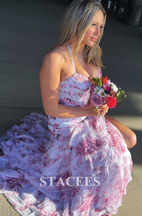 Fitted Ruched Corset Floral Tiered Ruffle Slit Prom Dress with Detachable  Straps S8839PS - Prom Dresses - Stacees