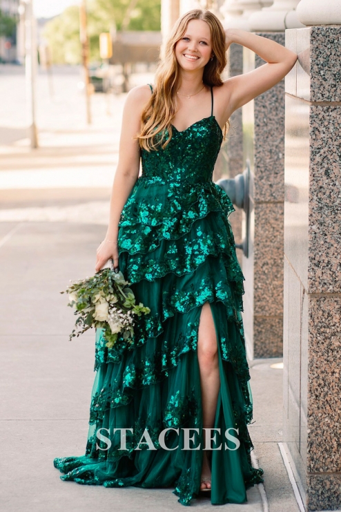 A-line Corset Tiered Ruffle Slit Sweep Train Prom Dress with Appliqued  Sequins S8256P - Prom Dresses - Stacees